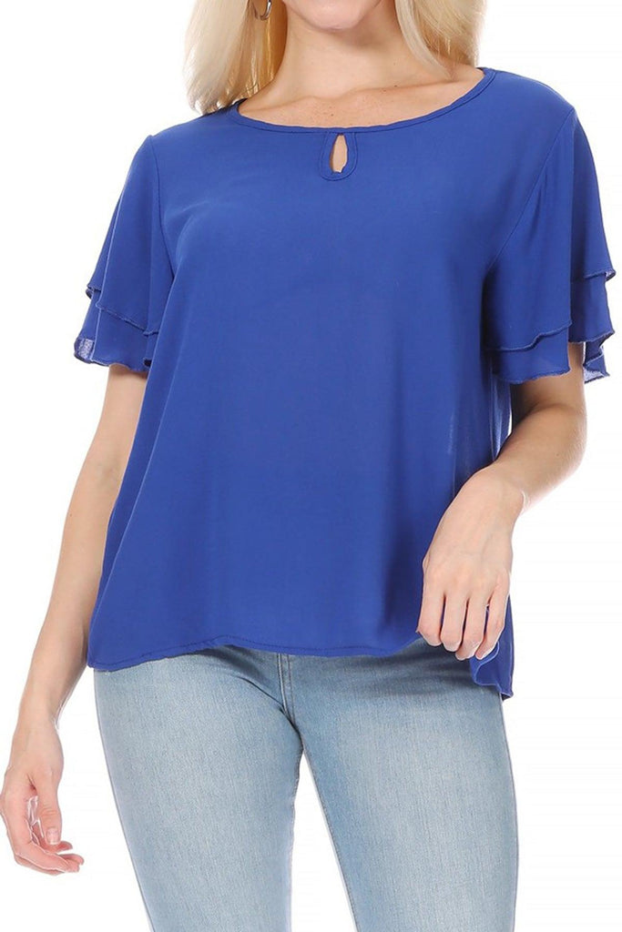 Women's Casual Solid Flowy Short Flutter Sleeve Round Neck Key Hole Tee Blouse Top FashionJOA