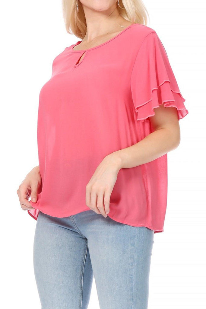 Women's Casual Solid Flowy Short Flutter Sleeve Round Neck Key Hole Tee Blouse Top FashionJOA