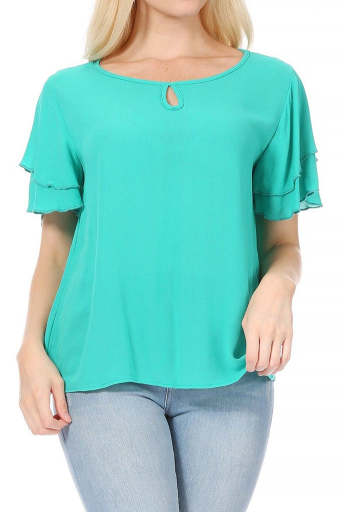 Women's Casual Solid Flowy Short Flutter Sleeve Round Neck Key Hole Tee Blouse Top FashionJOA