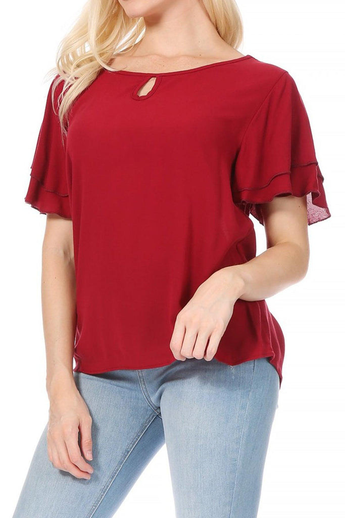 Women's Casual Solid Flowy Short Flutter Sleeve Round Neck Key Hole Tee Blouse Top FashionJOA