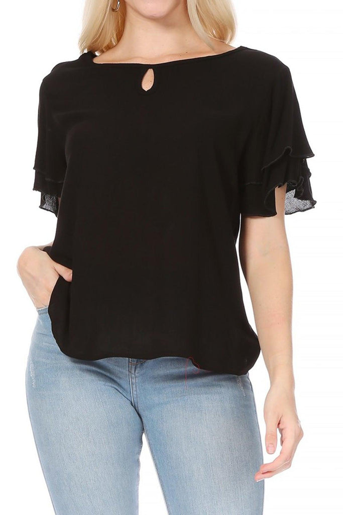 Women's Casual Solid Flowy Short Flutter Sleeve Round Neck Key Hole Tee Blouse Top FashionJOA