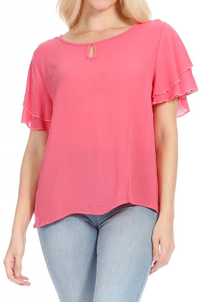 Women's Casual Solid Flowy Short Flutter Sleeve Round Neck Key Hole Tee Blouse Top FashionJOA