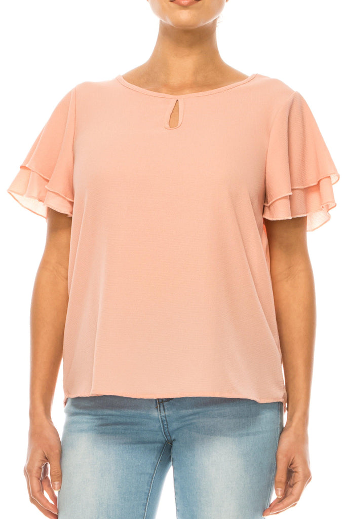 Women's Casual Solid Flowy Short Flutter Sleeve Round Neck Key Hole Tee Blouse Top FashionJOA