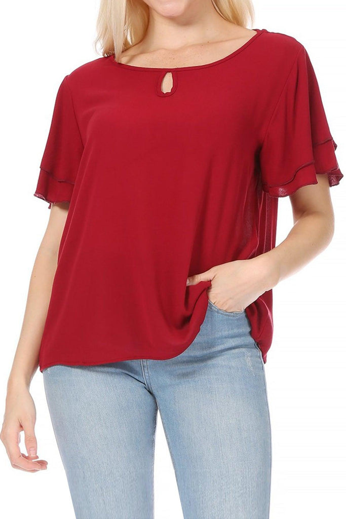 Women's Casual Solid Flowy Short Flutter Sleeve Round Neck Key Hole Tee Blouse Top FashionJOA