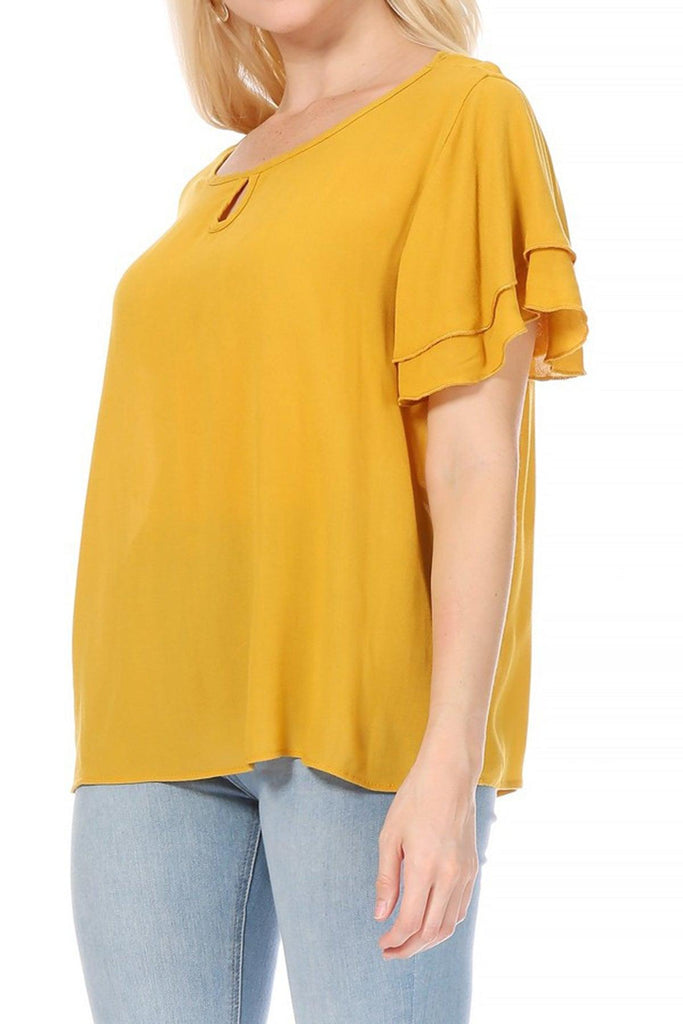 Women's Casual Solid Flowy Short Flutter Sleeve Round Neck Key Hole Tee Blouse Top FashionJOA