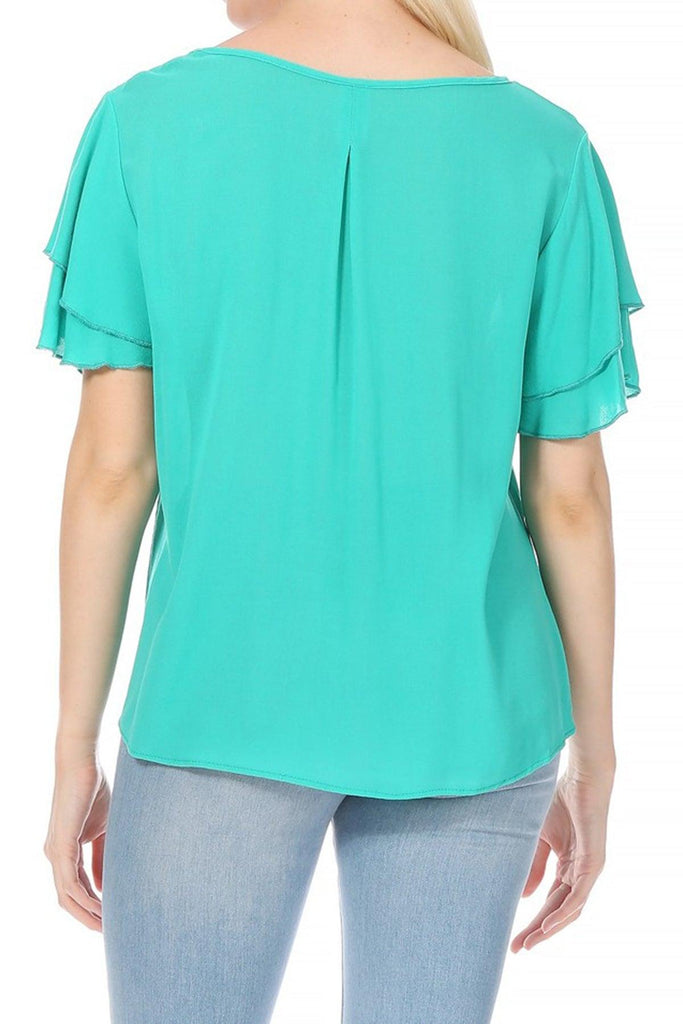 Women's Casual Solid Flowy Short Flutter Sleeve Round Neck Key Hole Tee Blouse Top FashionJOA