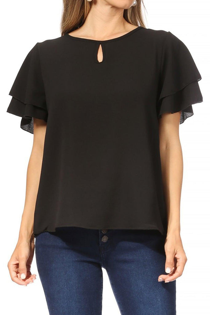 Women's Casual Solid Flowy Short Sleeve Round Neck Key Hole Tee Blouse Top FashionJOA