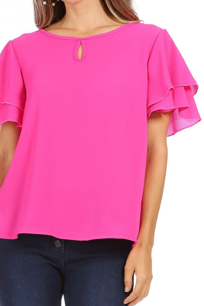 Women's Casual Solid Flowy Short Sleeve Round Neck Key Hole Tee Blouse Top FashionJOA