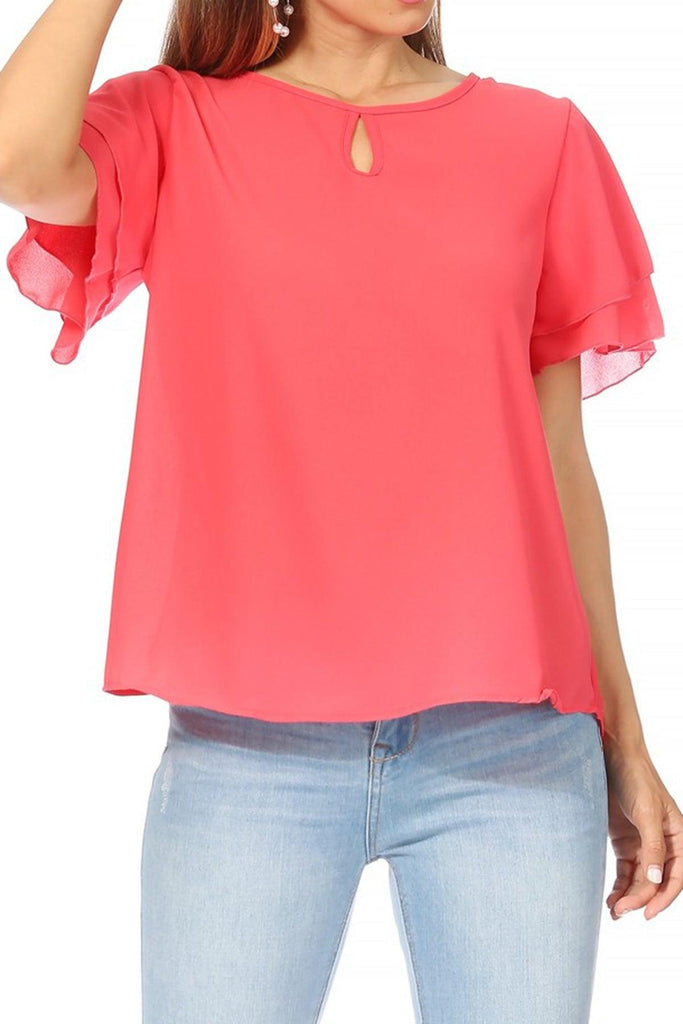 Women's Casual Solid Flowy Short Sleeve Round Neck Key Hole Tee Blouse Top FashionJOA