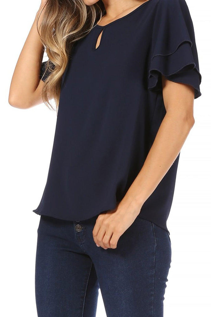 Women's Casual Solid Flowy Short Sleeve Round Neck Key Hole Tee Blouse Top FashionJOA