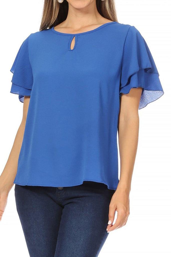 Women's Casual Solid Flowy Short Sleeve Round Neck Key Hole Tee Blouse Top FashionJOA