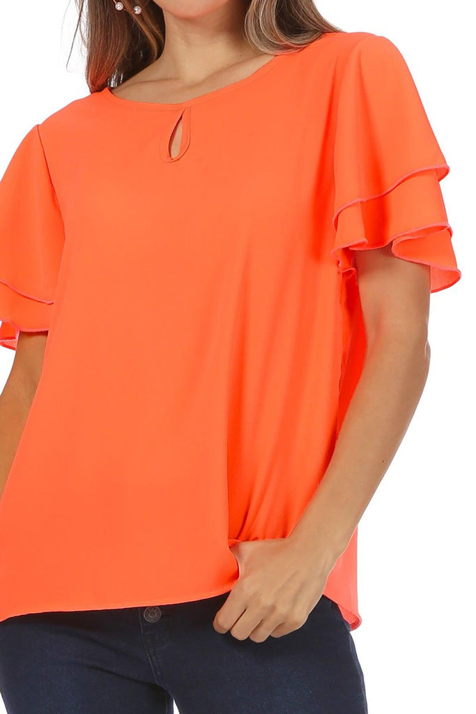 Women's Casual Solid Flowy Short Sleeve Round Neck Key Hole Tee Blouse Top FashionJOA