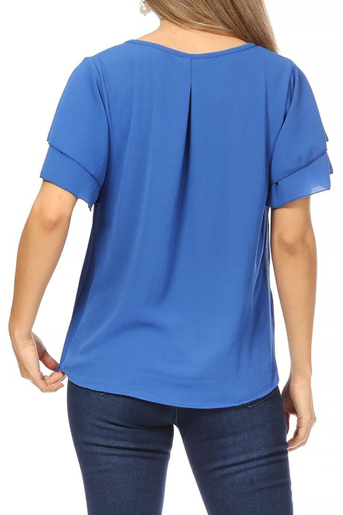 Women's Casual Solid Flowy Short Sleeve Round Neck Key Hole Tee Blouse Top FashionJOA