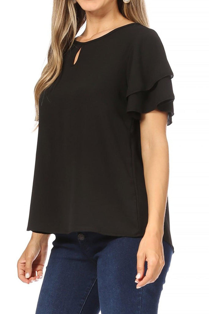 Women's Casual Solid Flowy Short Sleeve Round Neck Key Hole Tee Blouse Top FashionJOA