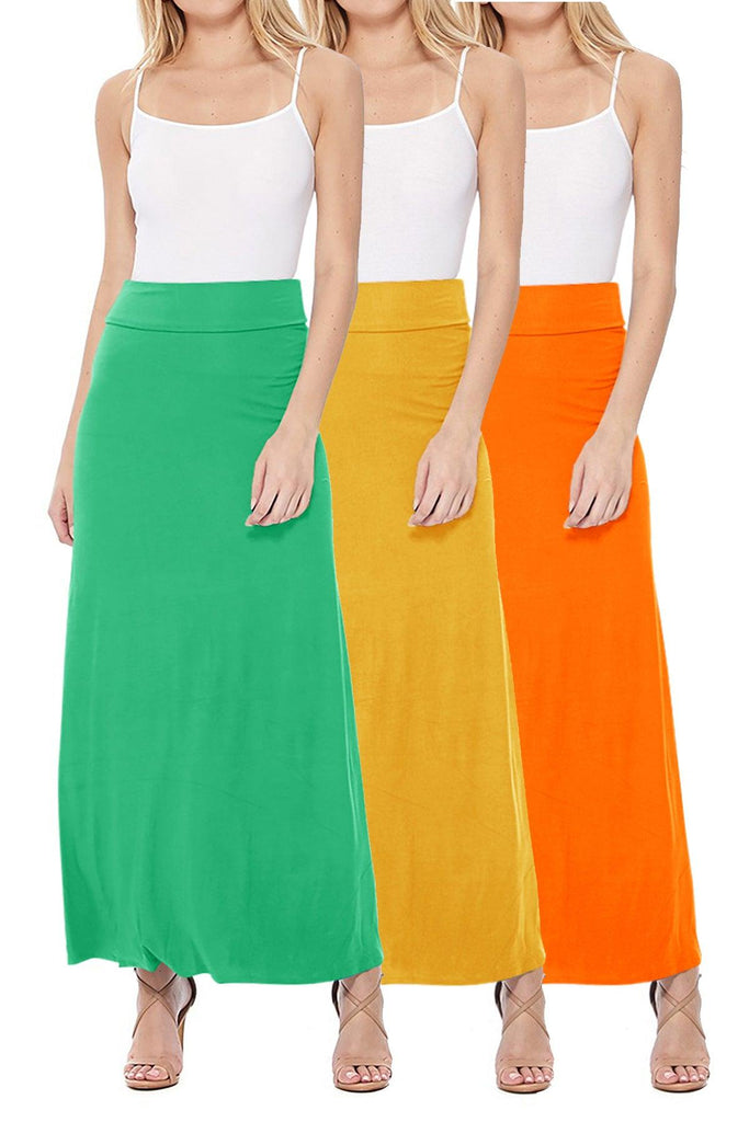 Women's Casual Solid High Waisted A -line Maxi Skirt Elastic Waistband (Pack of 3,1,NULL,NULL) FashionJOA