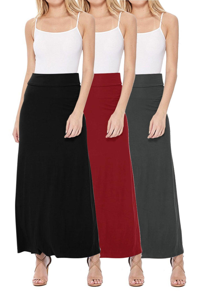 Women's Casual Solid High Waisted A -line Maxi Skirt Elastic Waistband (Pack of 3,1,NULL,NULL) FashionJOA