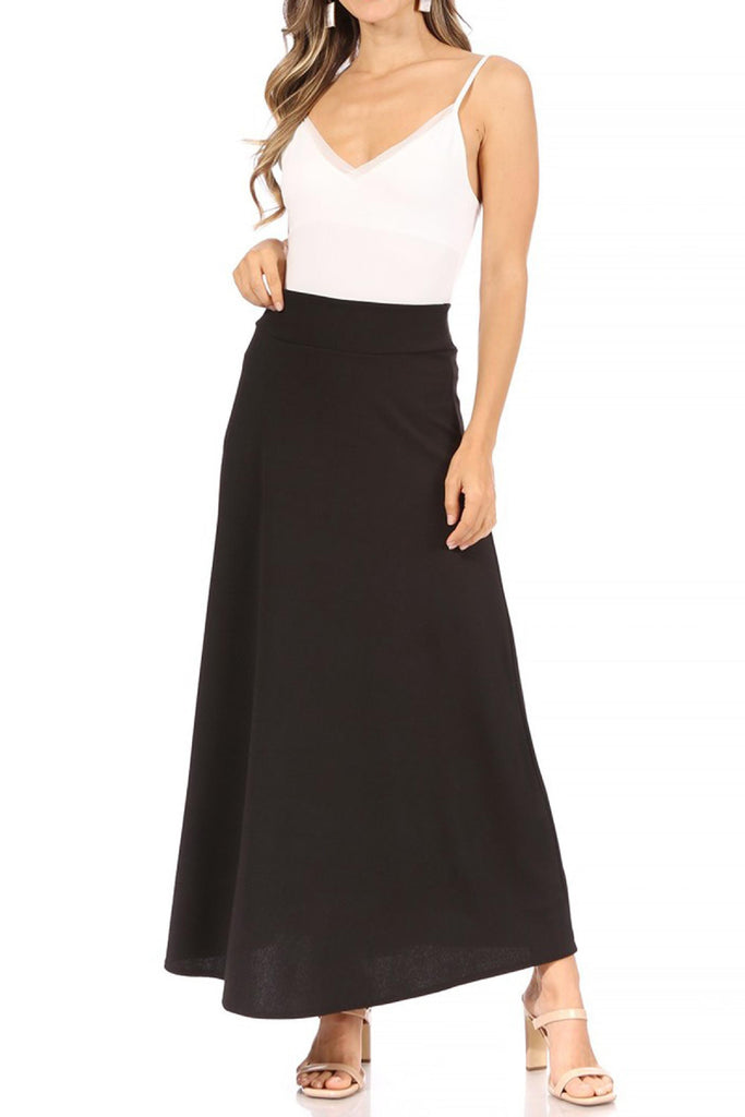 Women's Casual Solid High Waisted Flare A-line Midi Skirt with Elastic Waistband FashionJOA