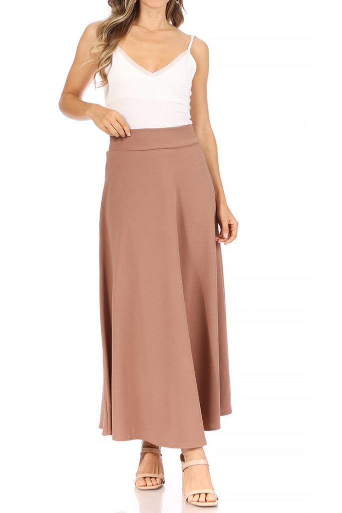 Women's Casual Solid High Waisted Flare A-line Midi Skirt with Elastic Waistband FashionJOA