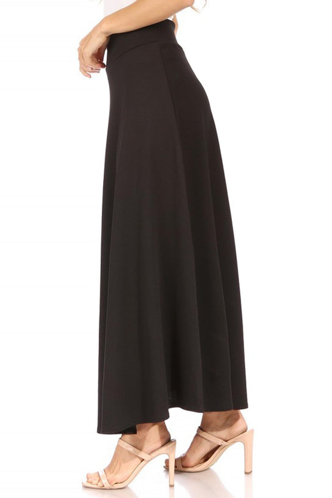 Women's Casual Solid High Waisted Flare A-line Midi Skirt with Elastic Waistband FashionJOA