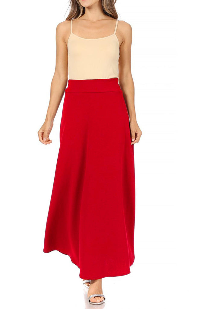 Women's Casual Solid High Waisted Flare A-line Midi Skirt with Elastic Waistband FashionJOA