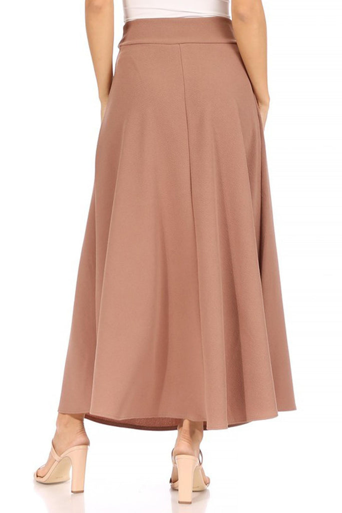 Women's Casual Solid High Waisted Flare A-line Midi Skirt with Elastic Waistband FashionJOA