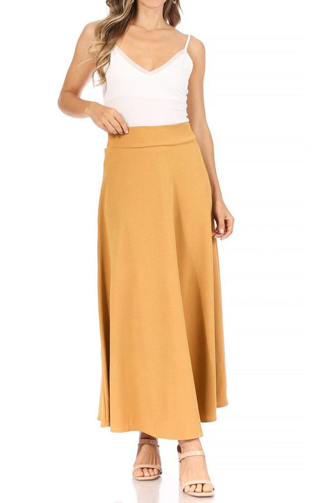 Women's Casual Solid High Waisted Flare A-line Midi Skirt with Elastic Waistband FashionJOA