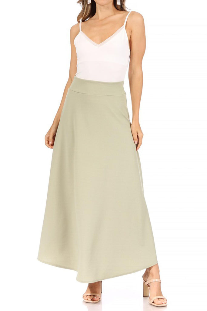 Women's Casual Solid High Waisted Flare A-line Midi Skirt with Elastic Waistband FashionJOA