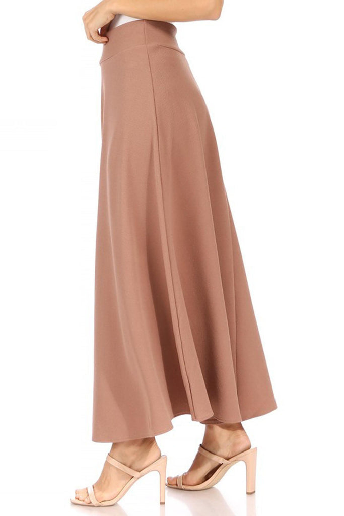 Women's Casual Solid High Waisted Flare A-line Midi Skirt with Elastic Waistband FashionJOA