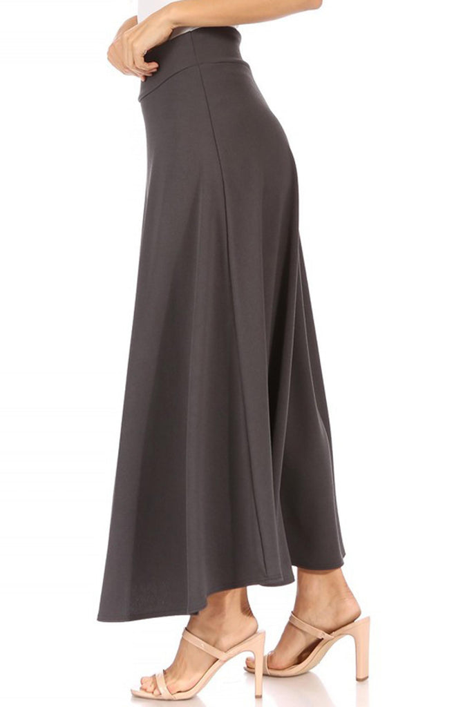 Women's Casual Solid High Waisted Flare A-line Midi Skirt with Elastic Waistband FashionJOA