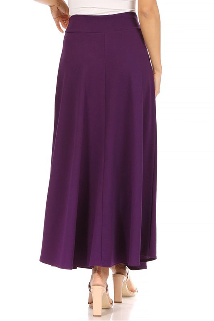 Women's Casual Solid High Waisted Flare A-line Midi Skirt with Elastic Waistband FashionJOA