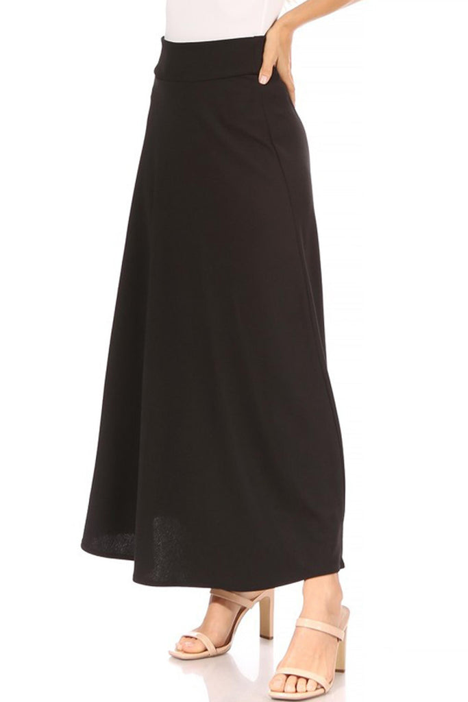 Women's Casual Solid High Waisted Flare A-line Midi Skirt with Elastic Waistband FashionJOA