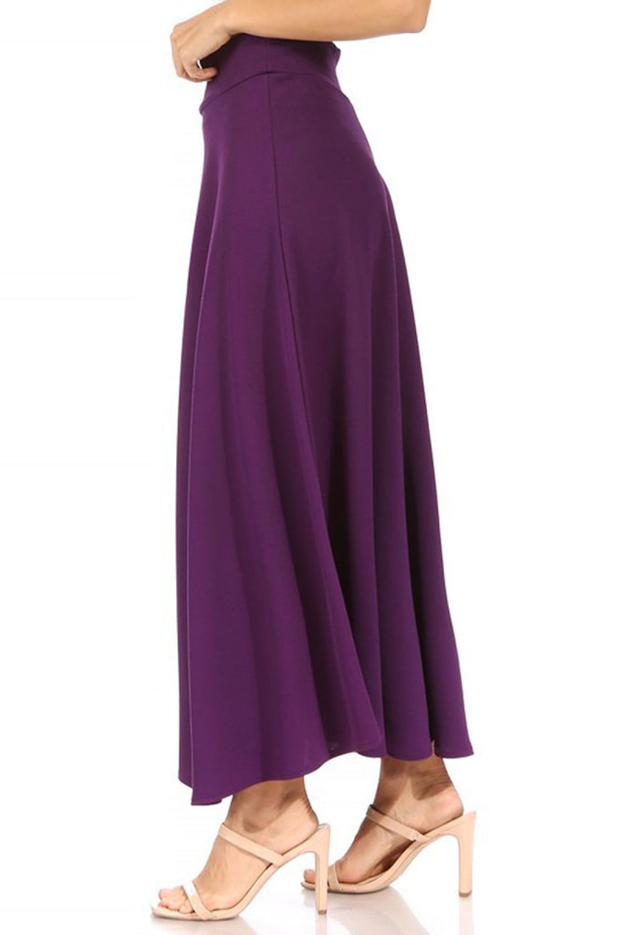 Women's Casual Solid High Waisted Flare A-line Midi Skirt with Elastic Waistband FashionJOA