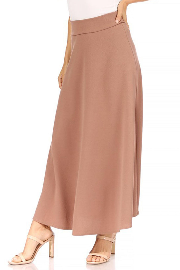 Women's Casual Solid High Waisted Flare A-line Midi Skirt with Elastic Waistband FashionJOA