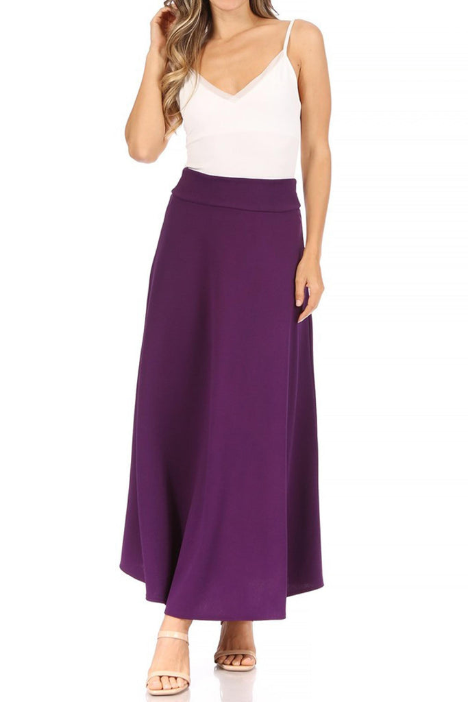 Women's Casual Solid High Waisted Flare A-line Midi Skirt with Elastic Waistband FashionJOA