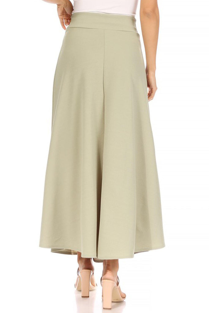 Women's Casual Solid High Waisted Flare A-line Midi Skirt with Elastic Waistband FashionJOA