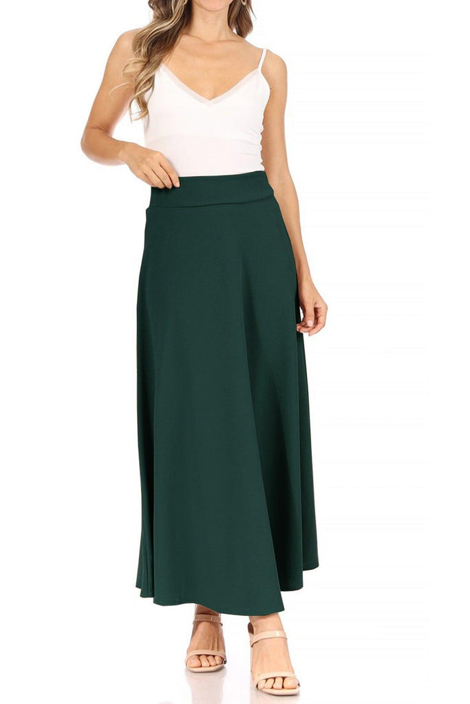 Women's Casual Solid High Waisted Flare A-line Midi Skirt with Elastic Waistband FashionJOA