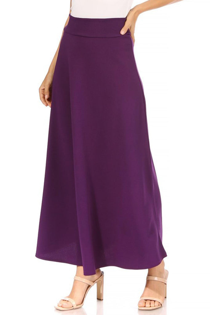 Women's Casual Solid High Waisted Flare A-line Midi Skirt with Elastic Waistband FashionJOA