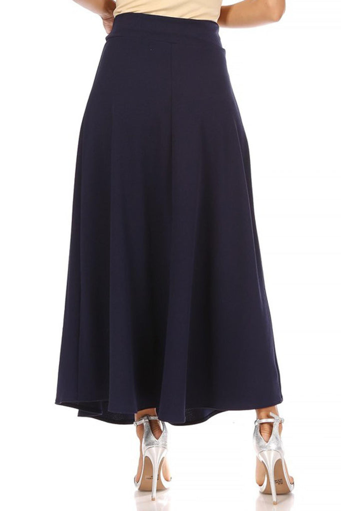 Women's Casual Solid High Waisted Flare A-line Midi Skirt with Elastic Waistband FashionJOA