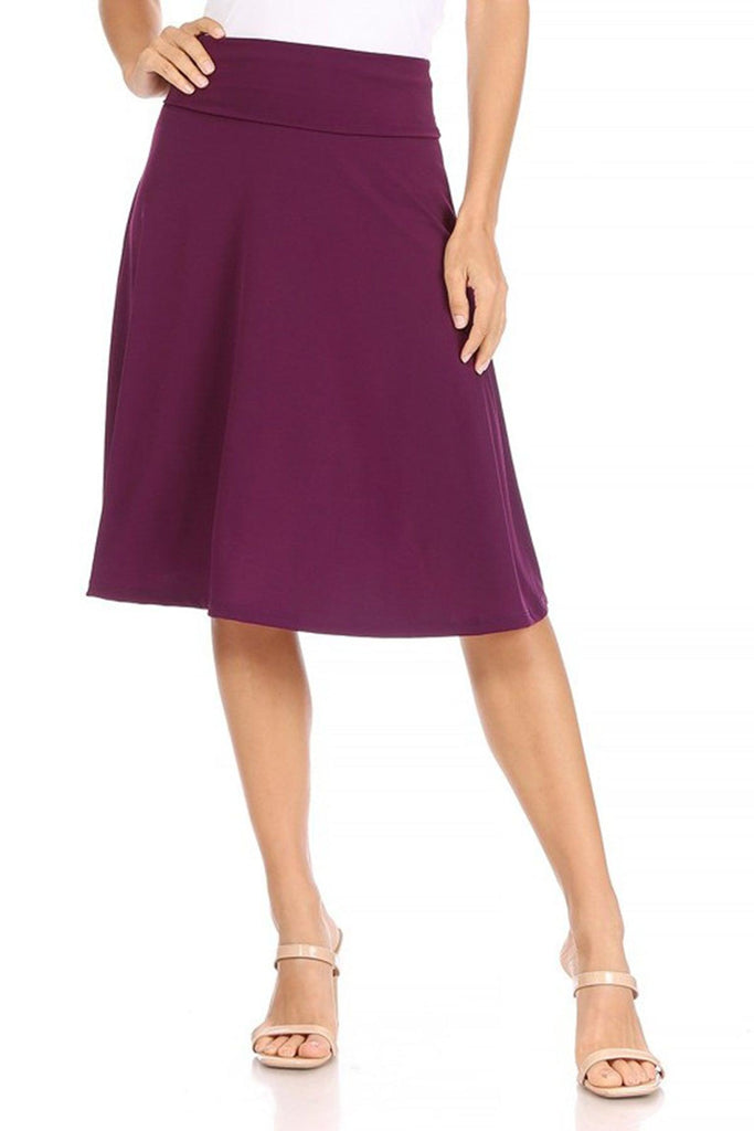 Women's Casual Solid High Waisted Knee Length Flare A-line Skirt with Elastic Waistband FashionJOA