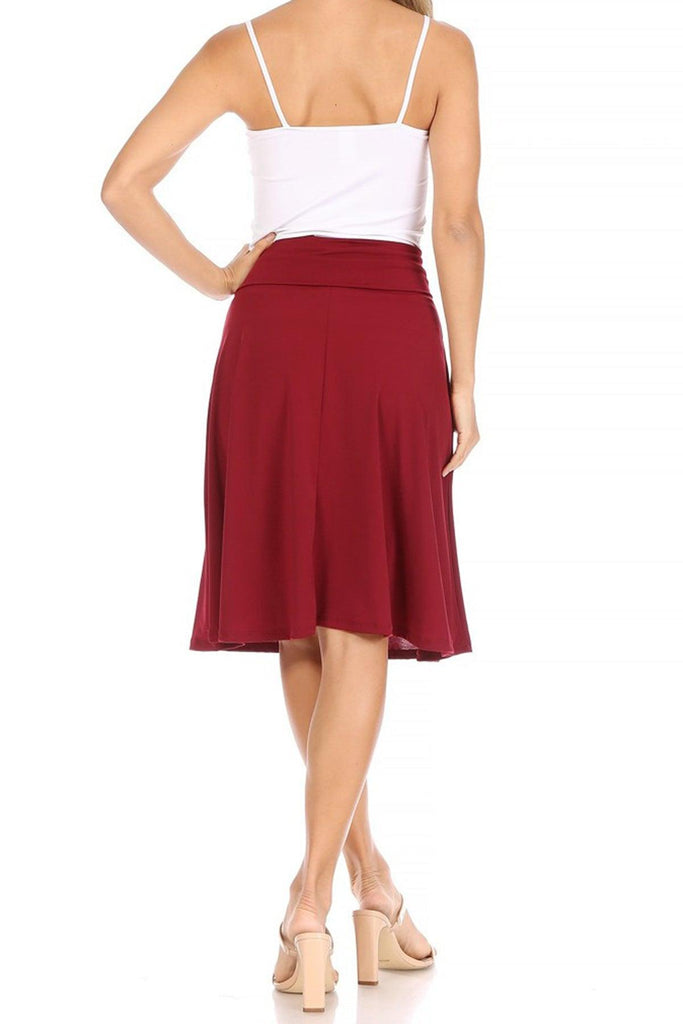 Women's Casual Solid High Waisted Knee Length Flare A-line Skirt with Elastic Waistband FashionJOA