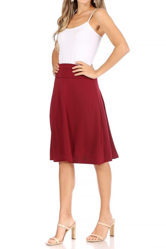 Women's Casual Solid High Waisted Knee Length Flare A-line Skirt with Elastic Waistband FashionJOA