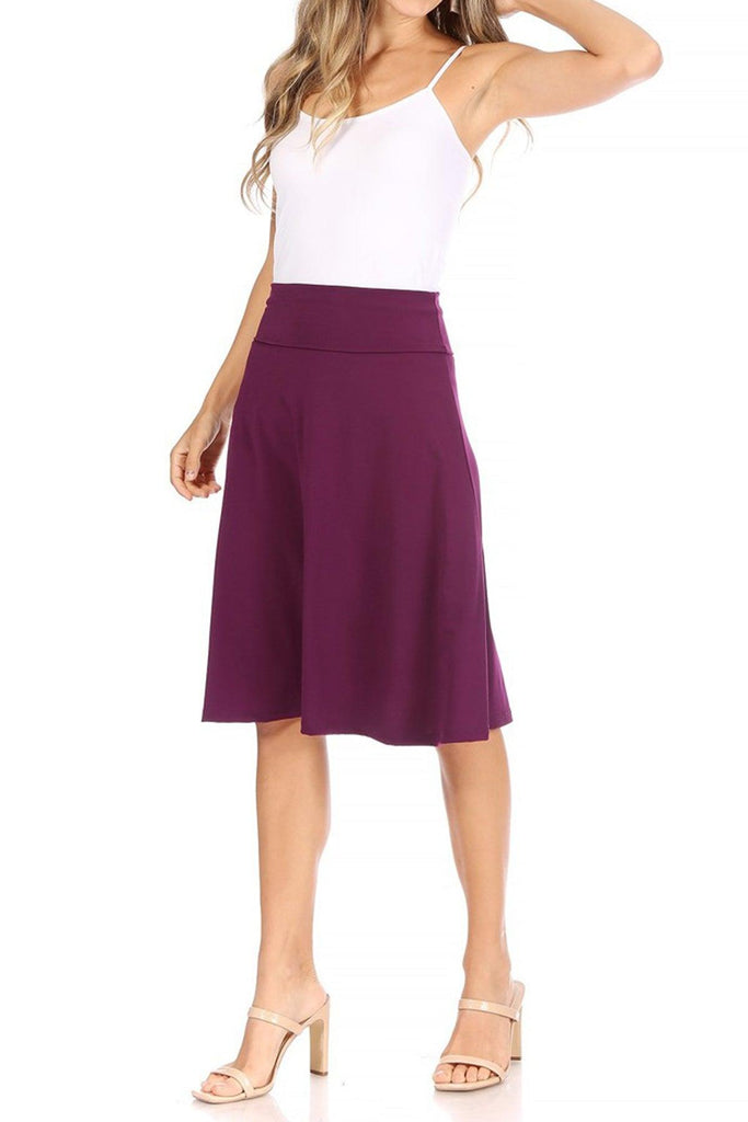 Women's Casual Solid High Waisted Knee Length Flare A-line Skirt with Elastic Waistband FashionJOA