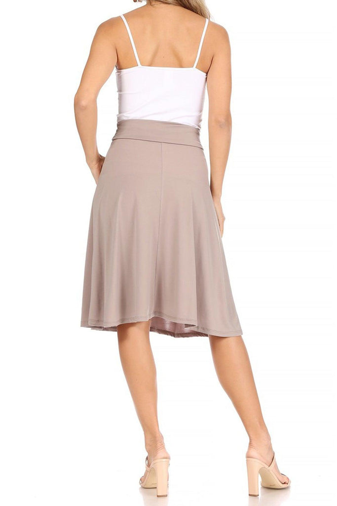 Women's Casual Solid High Waisted Knee Length Flare A-line Skirt with Elastic Waistband FashionJOA