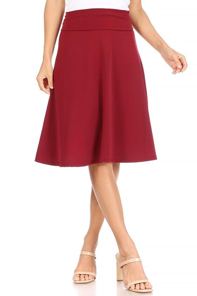 Women's Casual Solid High Waisted Knee Length Flare A-line Skirt with Elastic Waistband FashionJOA