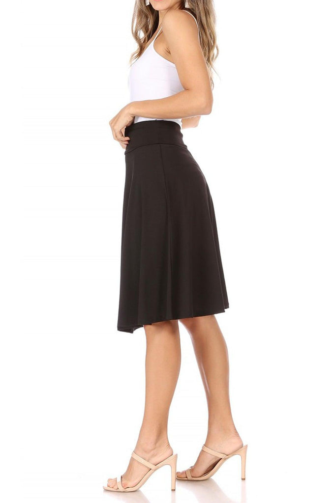 Women's Casual Solid High Waisted Knee Length Flare A-line Skirt with Elastic Waistband FashionJOA