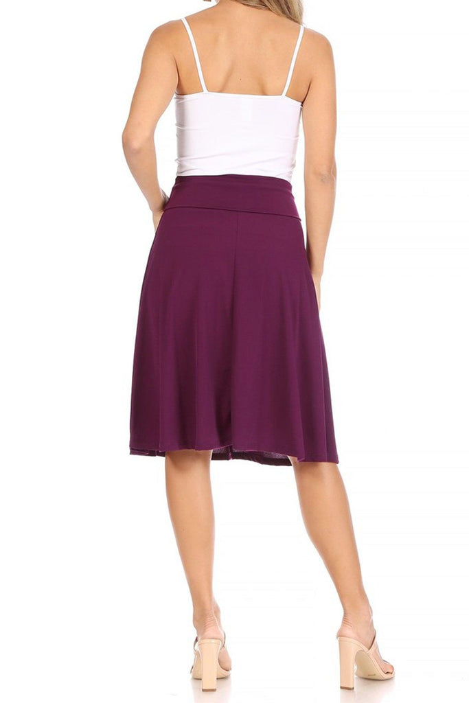 Women's Casual Solid High Waisted Knee Length Flare A-line Skirt with Elastic Waistband FashionJOA