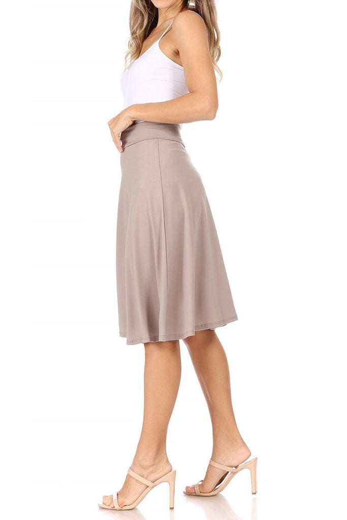 Women's Casual Solid High Waisted Knee Length Flare A-line Skirt with Elastic Waistband FashionJOA