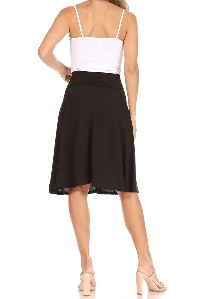 Women's Casual Solid High Waisted Knee Length Flare A-line Skirt with Elastic Waistband FashionJOA