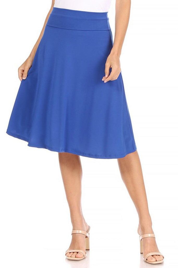 Women's Casual Solid High Waisted Knee Length Flare A-line Skirt with Elastic Waistband FashionJOA