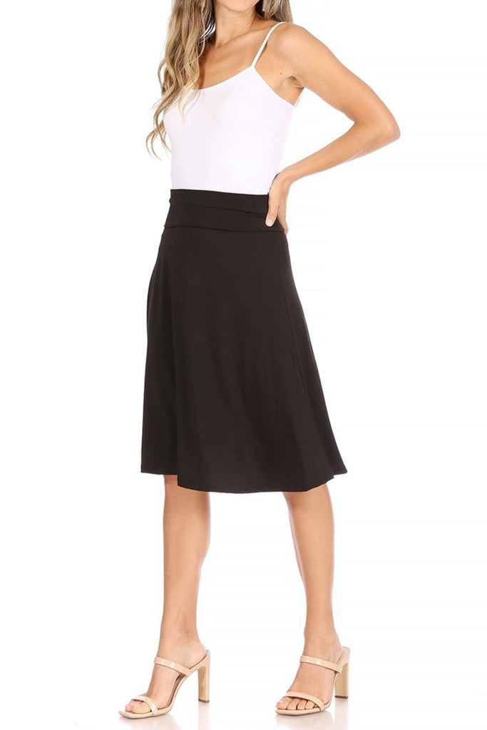 Women's Casual Solid High Waisted Knee Length Flare A-line Skirt with Elastic Waistband FashionJOA